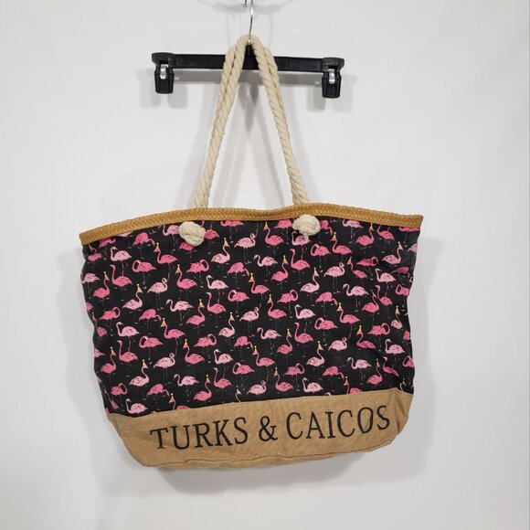 Turks & Caicos  Burlap Jute Tote Bag with Flamingos  Rope Handle - Picture 1 of 6